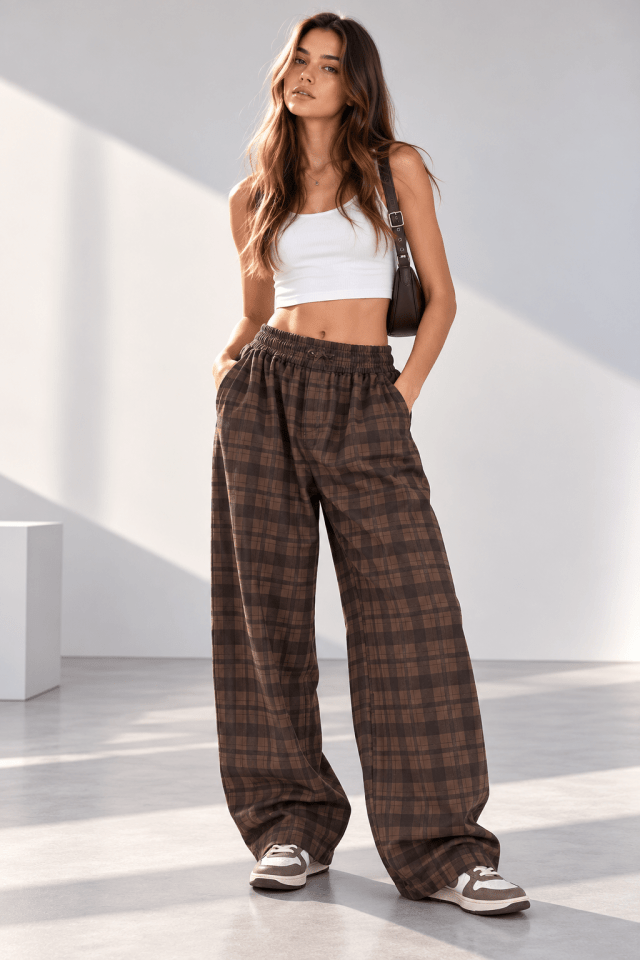 Pantolon Ekose Desen Beli Lastikli Palazzo 5692
